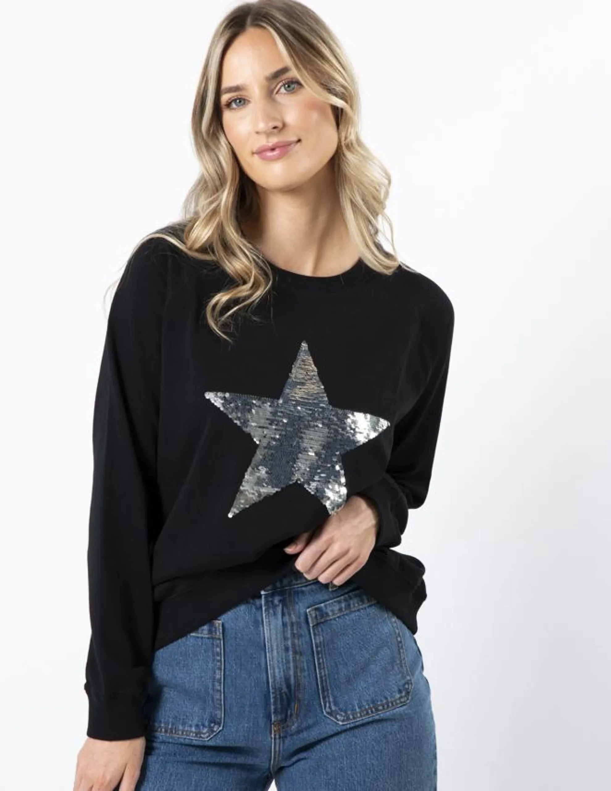 Classic Sweater - Black with Star Silver Sequins