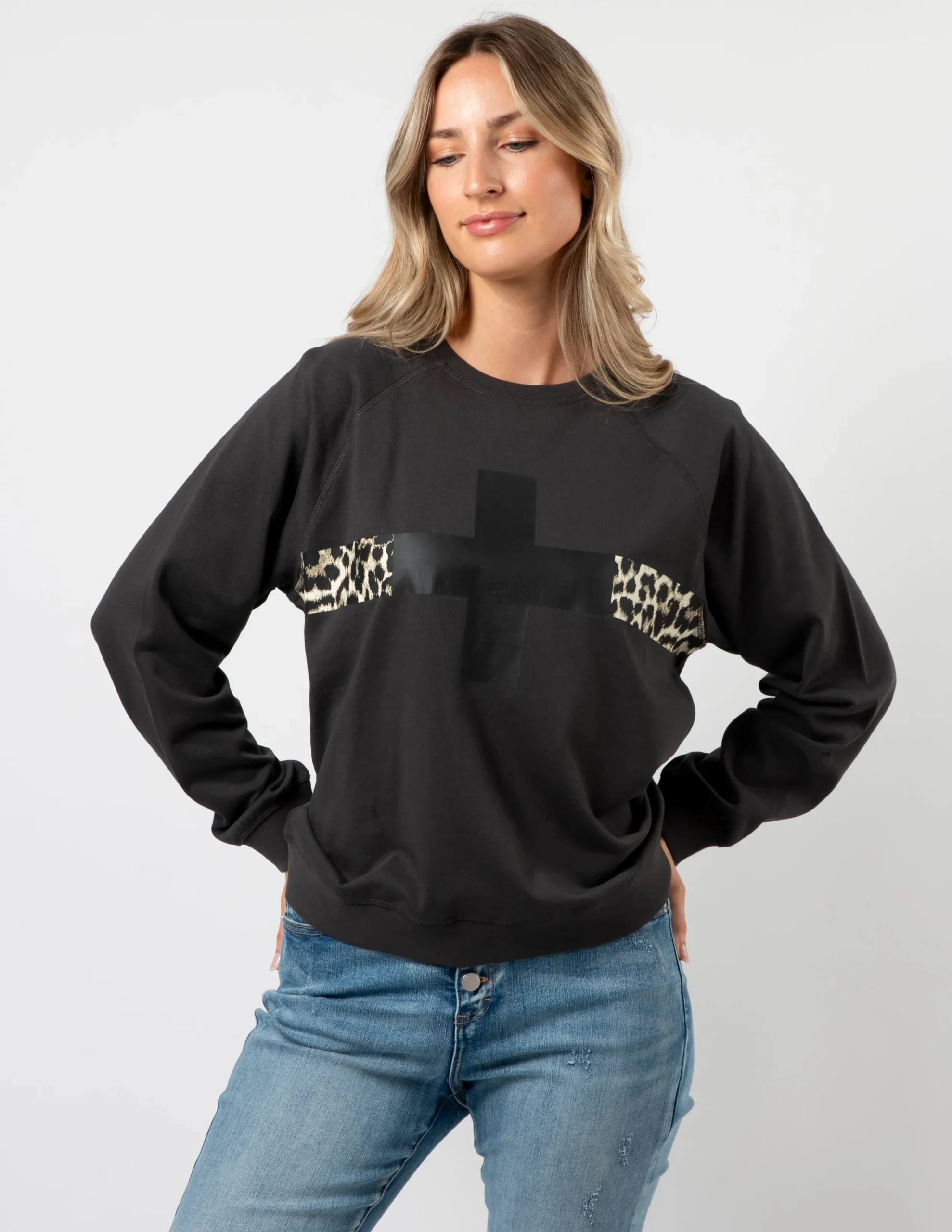 Everyday Sweater - Charcoal Cross Leopard Stripe