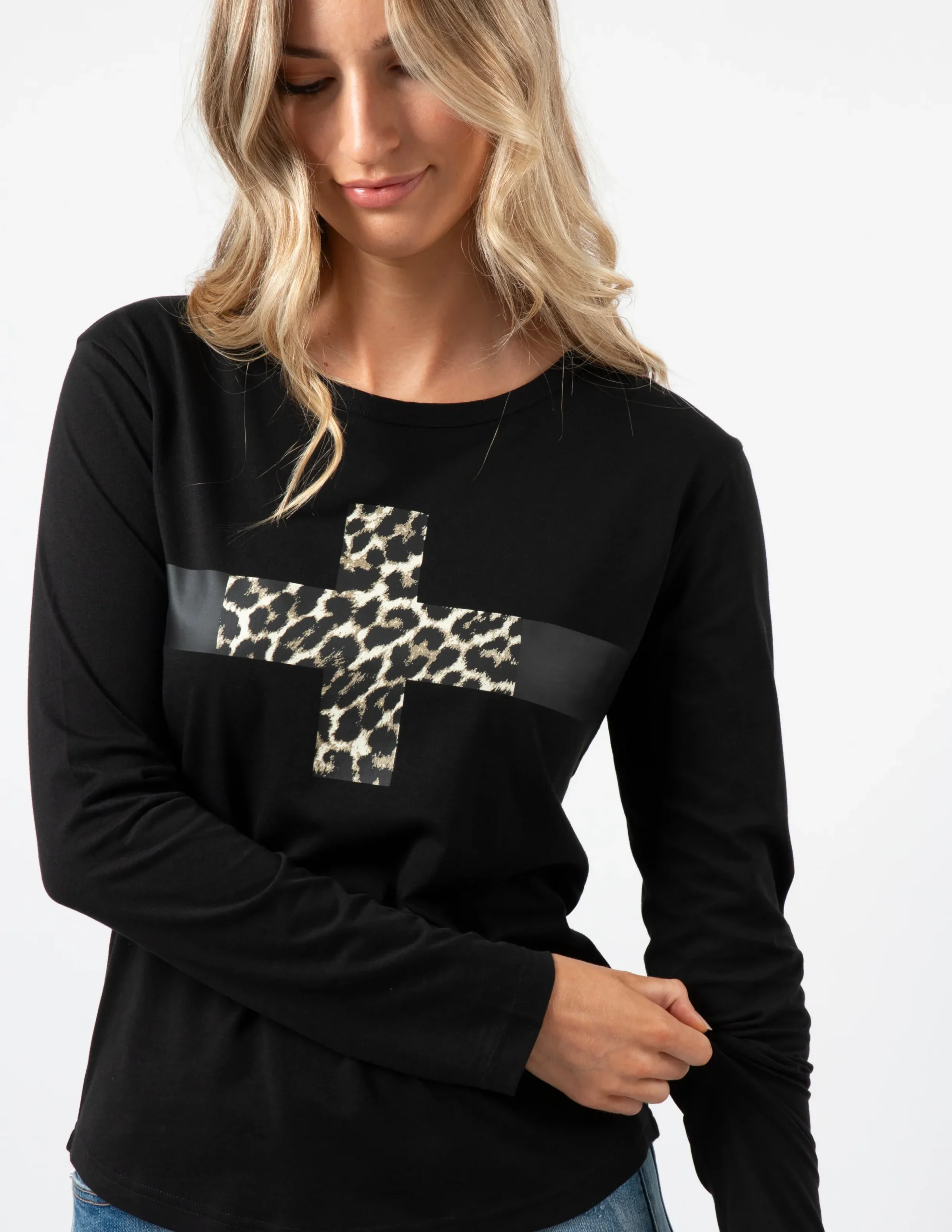 LS Tee - Black with Leopard Cross
