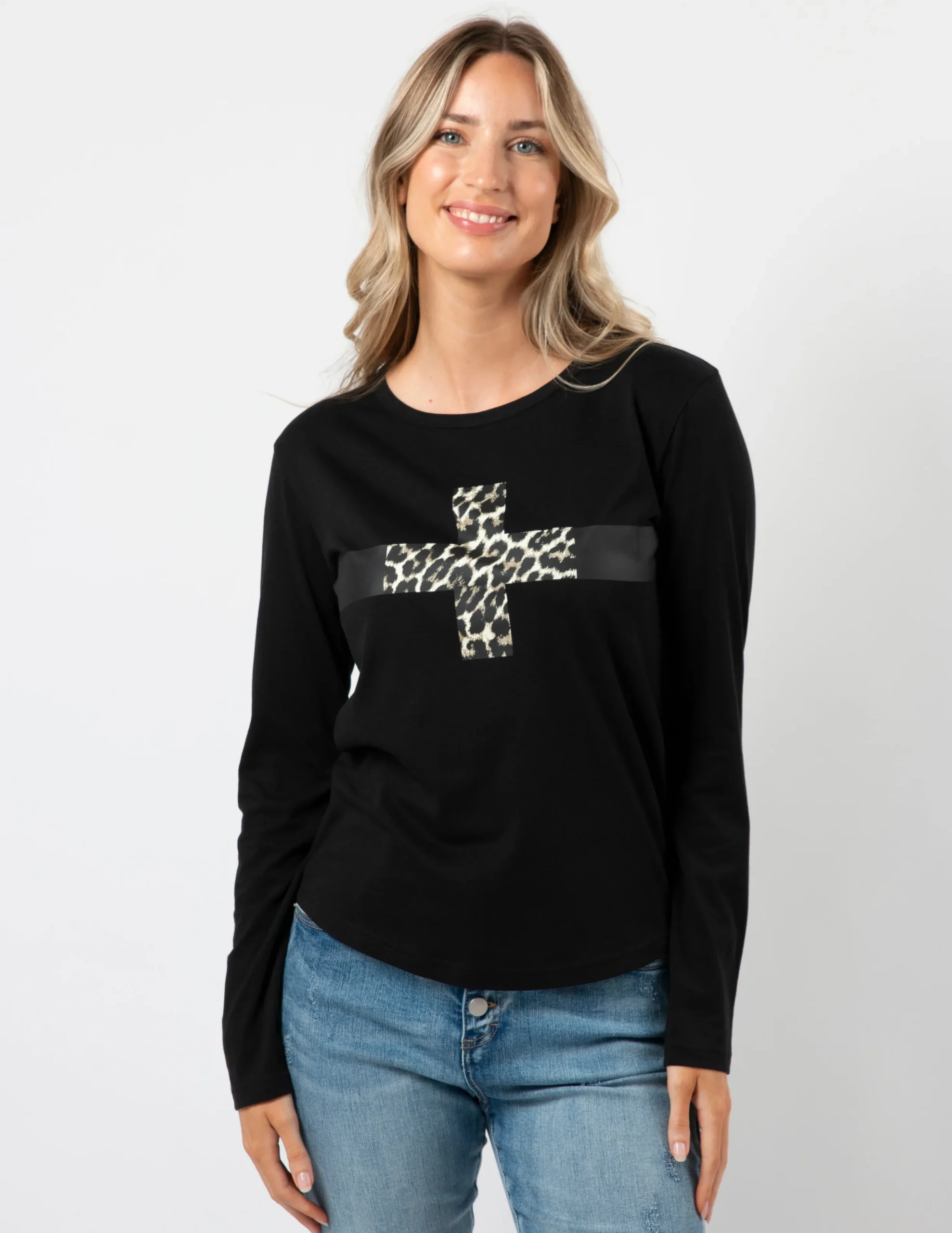 LS Tee - Black with Leopard Cross