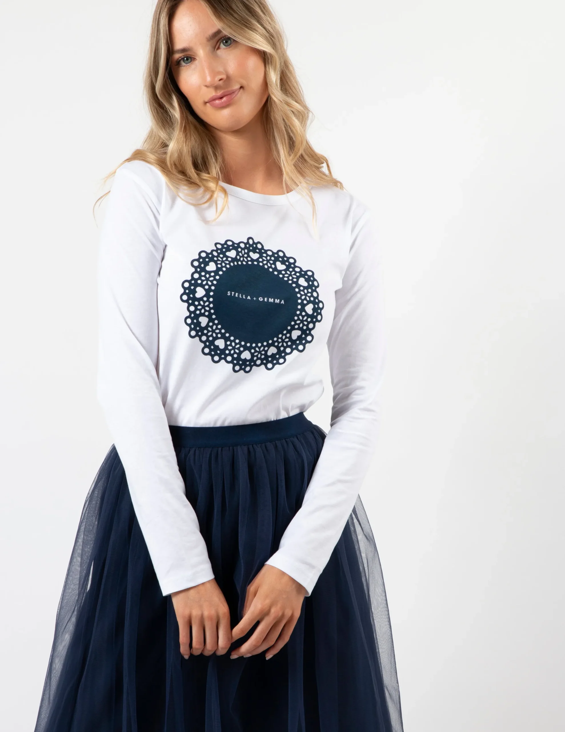 LS Tee - White with Navy Doily