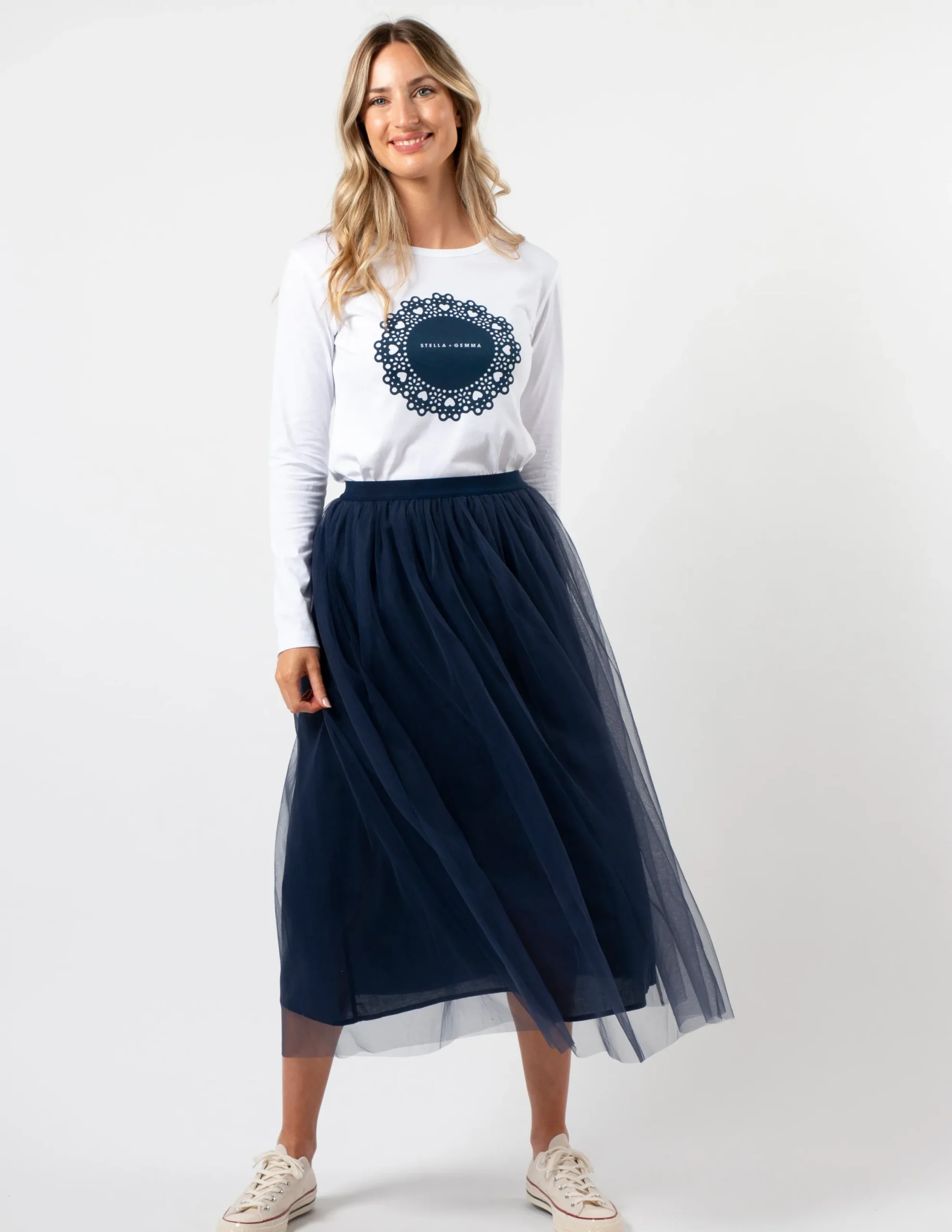 LS Tee - White with Navy Doily