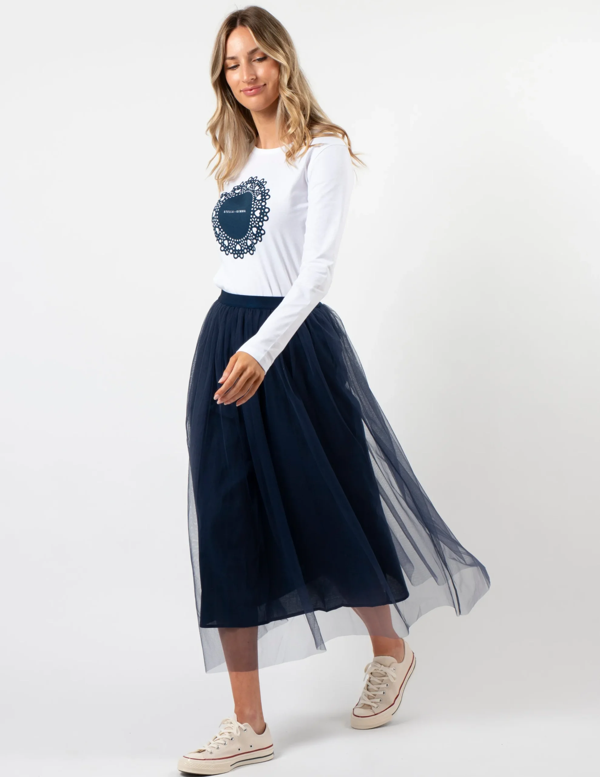 LS Tee - White with Navy Doily