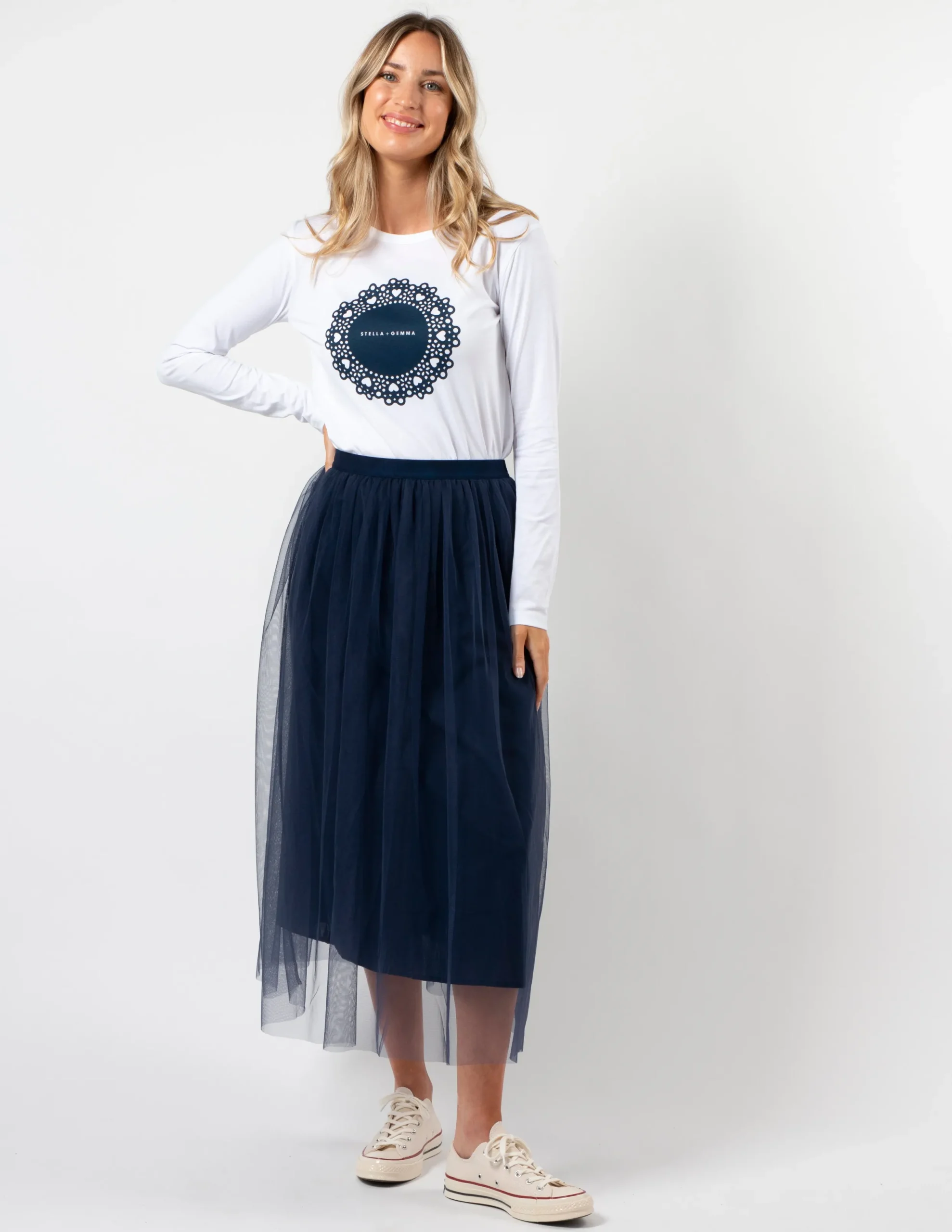 LS Tee - White with Navy Doily