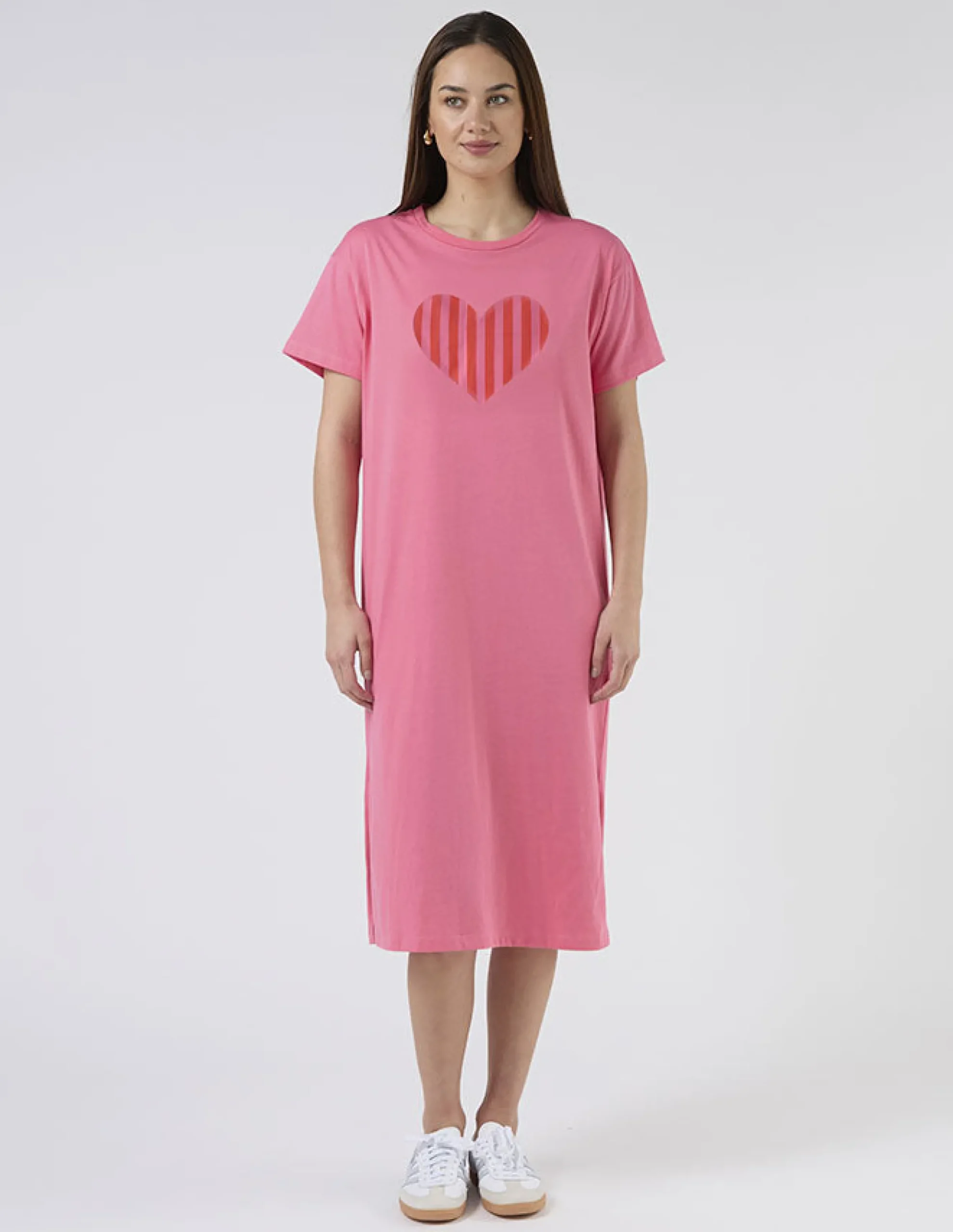 Maxie T-Shirt Dress - Pink with Red Stripe Heart