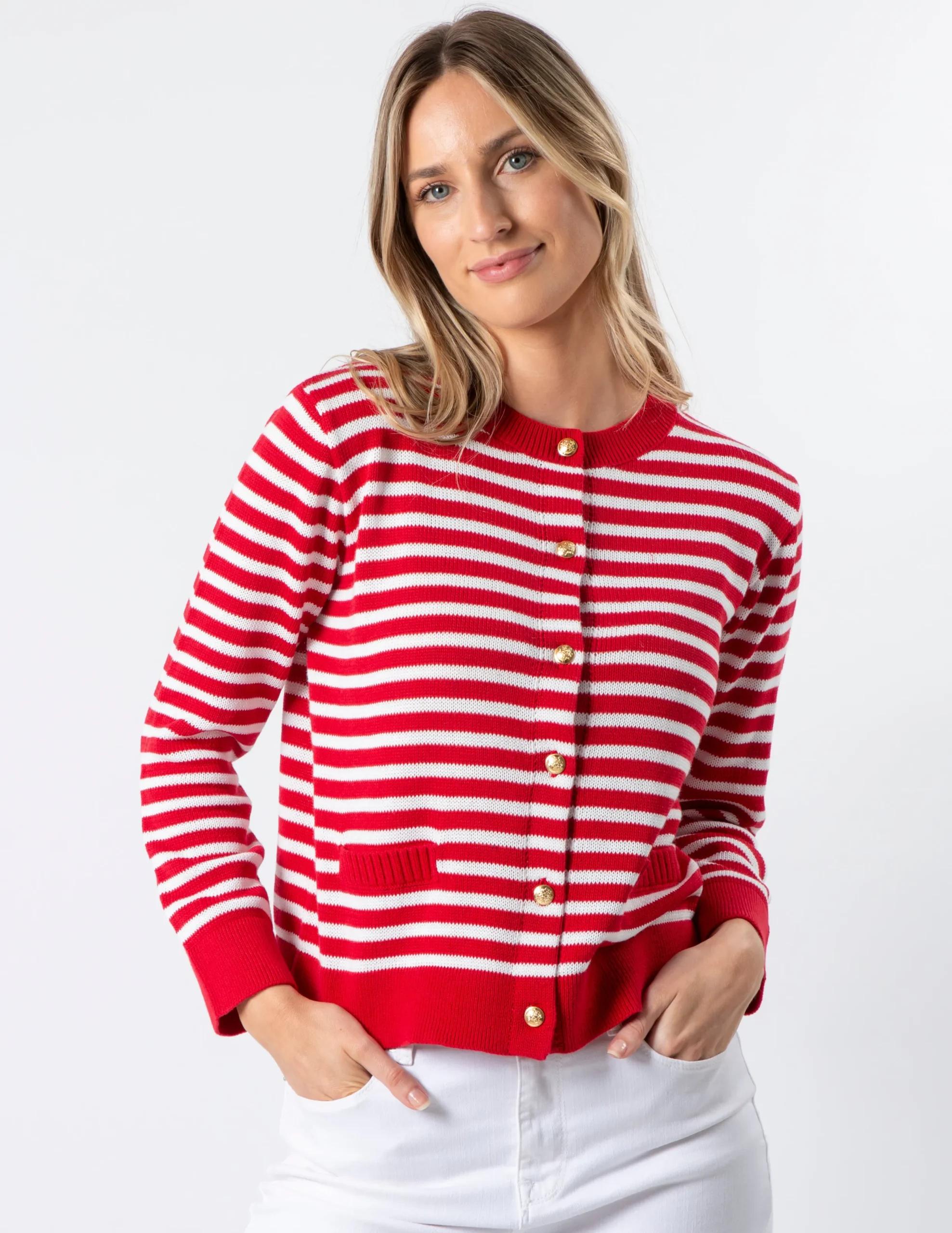STELLA ESSENTIALS Navy Cardi - Red and White