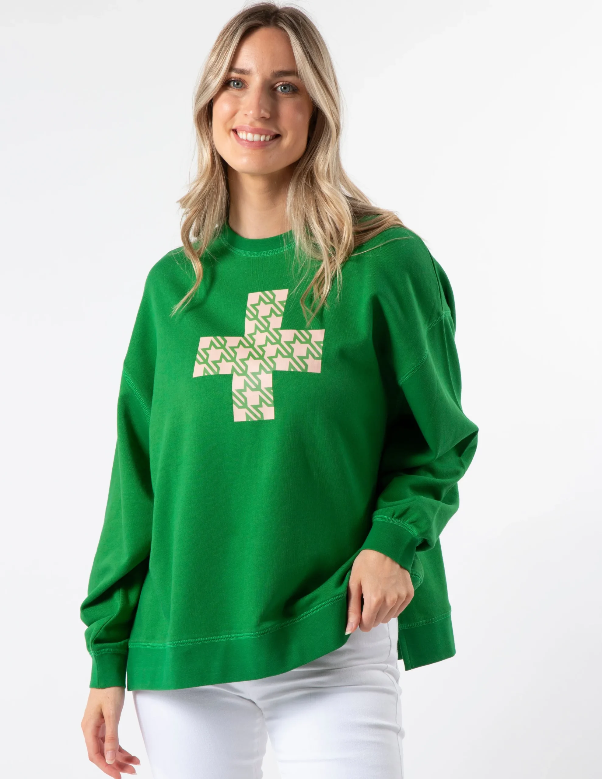 Sunday Sweater - Emerald with Blush Houndstooth
