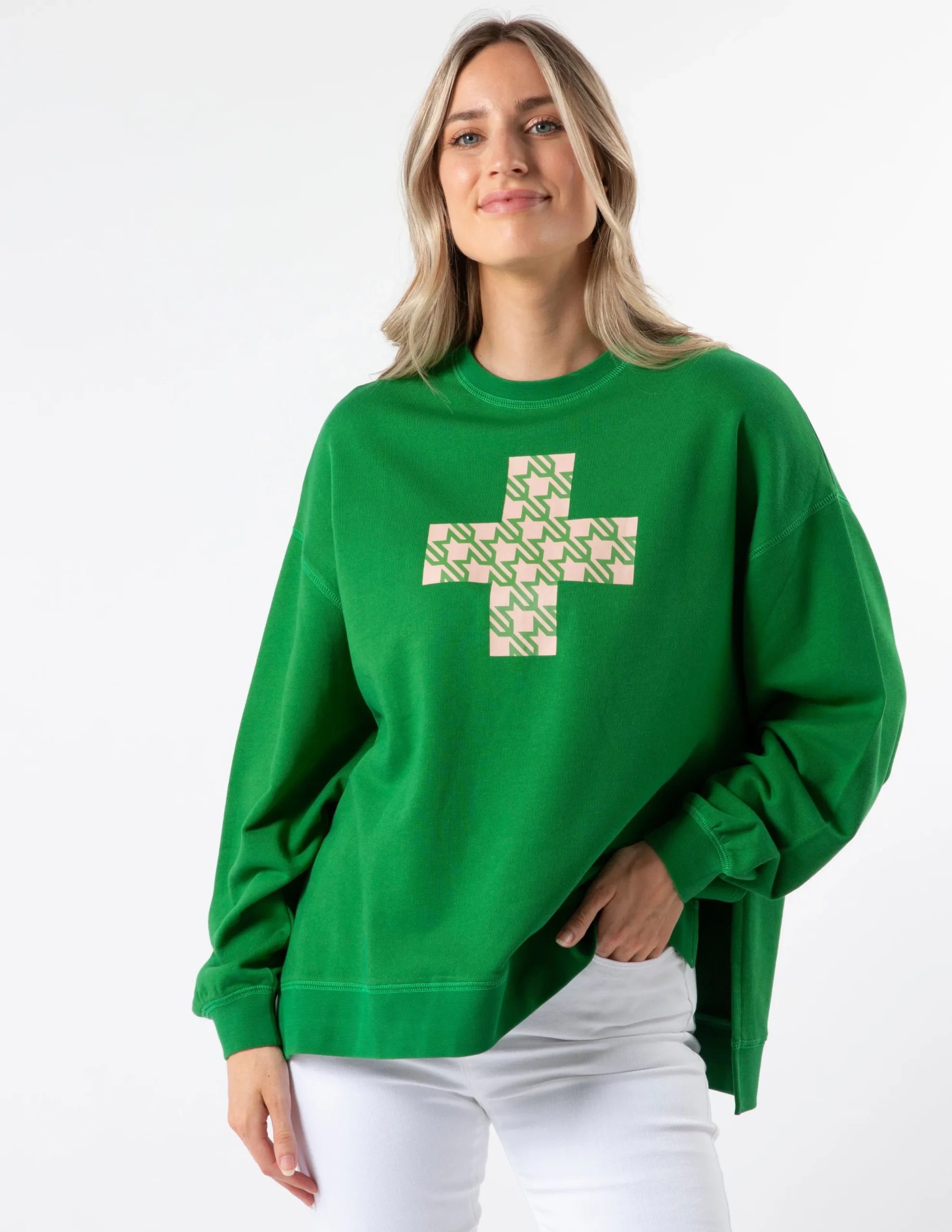 Sunday Sweater - Emerald with Blush Houndstooth